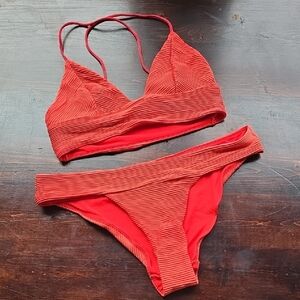 H&M Ribbed V-Neck Bikini Set - Red/Coral (Top US 2, Bottom US 4)